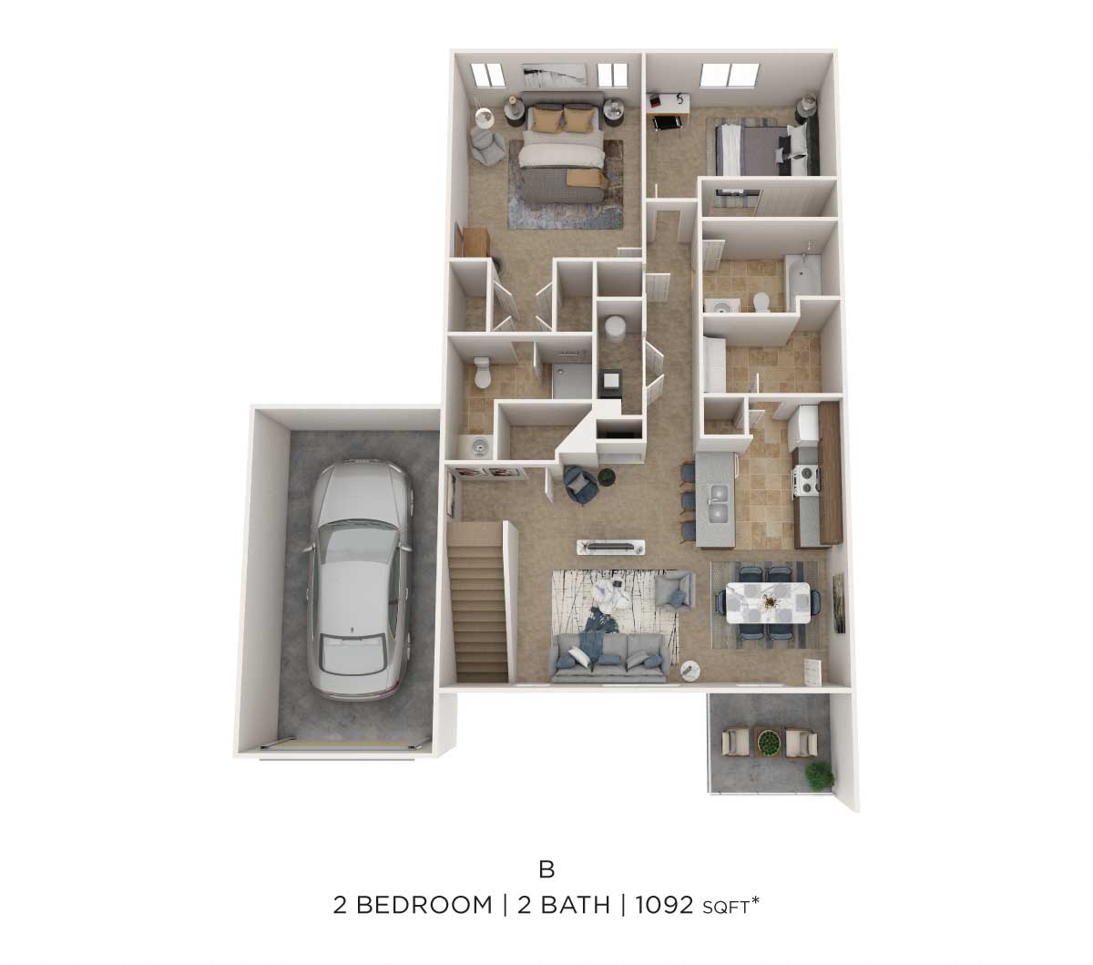 Floor plan for 2 beds, 2 baths, 1092 sqft